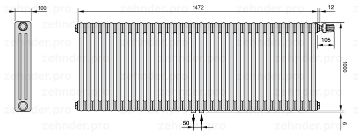 Схема (чертеж) Радиатор Zehnder Charleston 3100/32 №V008 Белый глянцевый RAL 9016